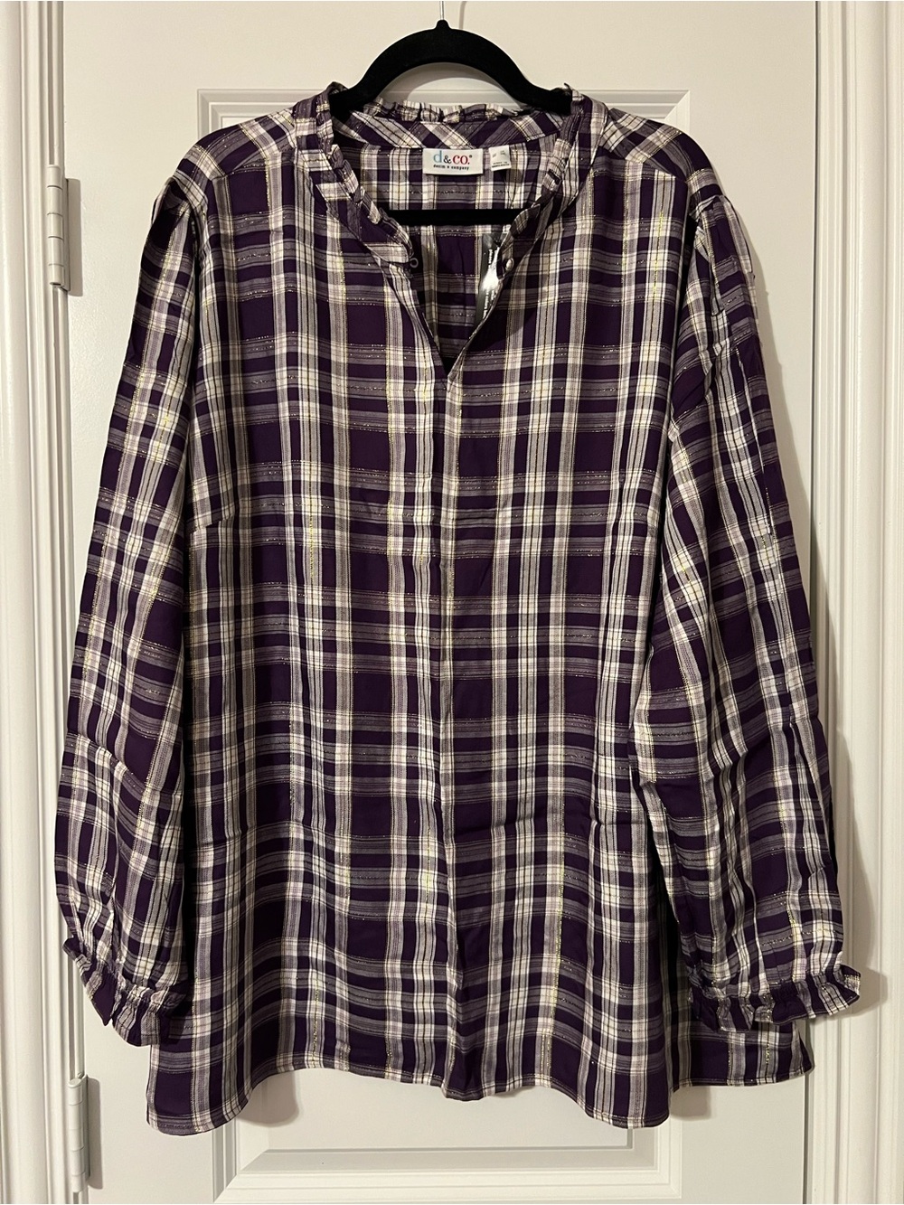 Purple Plaid Long-Sleeve Top with Metallic Thread